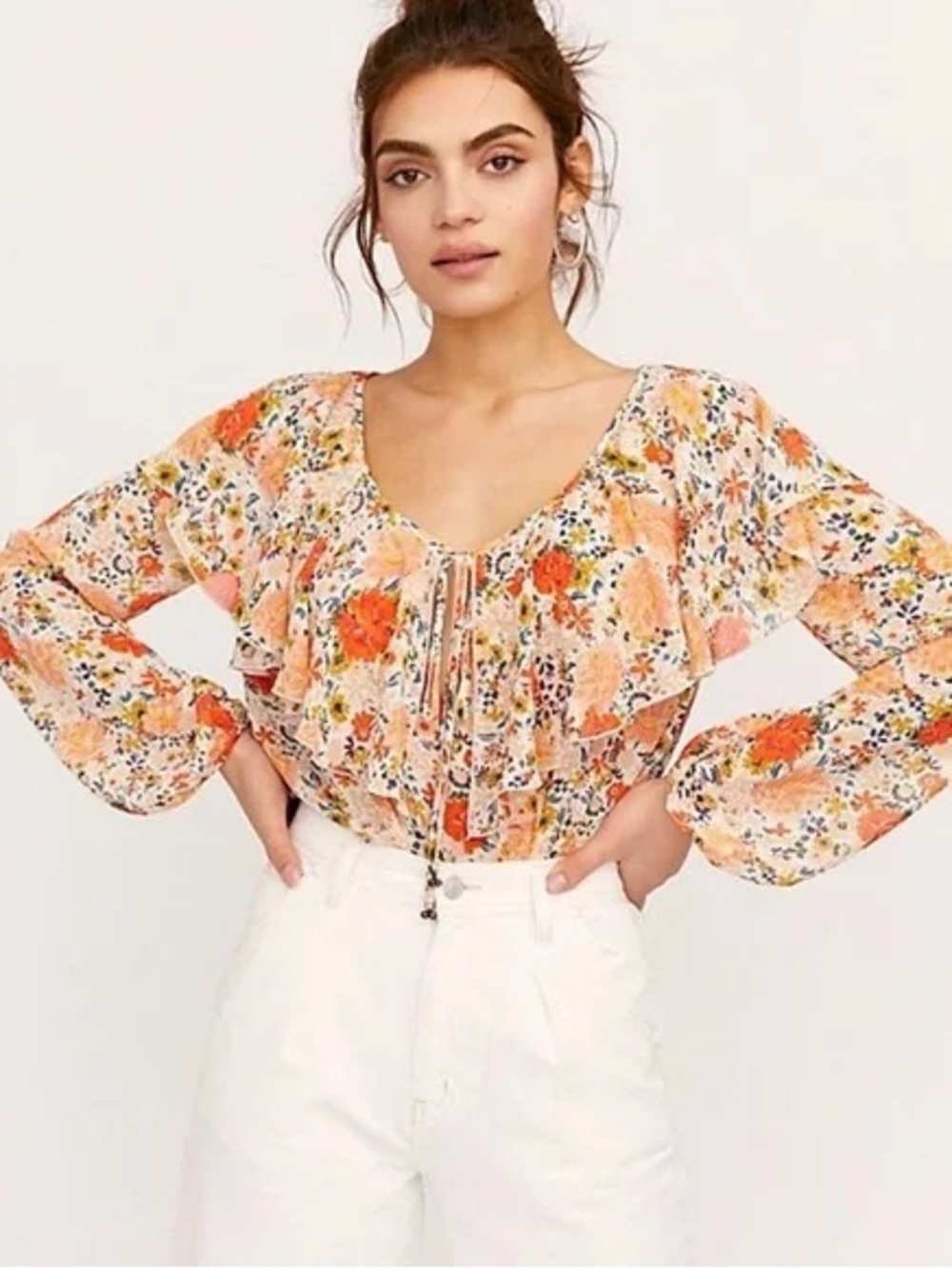 Intimately Free People Floral Tie Peasant Bodysuit w/Ruffles-Peach+Black Lace, M